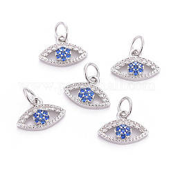 Brass Micro Pave Cubic Zirconia Charms, with Jump Rings, Evil Eye, Colorful, Platinum, 7x12x3mm, Hole: 3mm