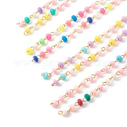Chaînes de perles en pâte polymère faites à la main, avec des accessoires de fer et des perles aplaties, non soudée, colorées, 6~7x3mm, environ 39.37 pouce (1 m)/fil