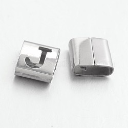 Breloques coulissantes carrées de lettre en 201 acier inoxydable, letter.j, 9x8x4mm, Trou: 8x3mm
