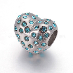 304 in acciaio inox europeo perline stile, perline con foro grande, con strass, cuore, colore acciaio inossidabile, acquamarina, 10.5x11x8mm, Foro: 4.5 mm