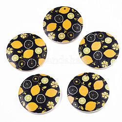 Fruit Seris Printed Wood Pendants, Flat Round with Lemon Pattern, Black, 50x5mm, Hole: 1.6mm