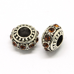 Legierung Rhinestone European Beads, Unterlegscheibe Perlen mit großem Loch, Kaffee, 11x7 mm, Bohrung: 4.5 mm