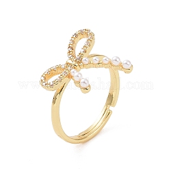 Latón micro pavimento circonio cúbico anillos ajustables, Bowknot con anillos de perlas de imitación de plástico para mujer., real 18k chapado en oro, 2mm, diámetro interior: tamaño de EE. UU. 7 1/4 (17.5 mm)