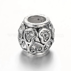 Antikes Silber überzogene Legierung Strass europäischen Perlen, großes Loch Lauf mit Herz Perlen, Kristall, 10x9.5 mm, Bohrung: 5 mm