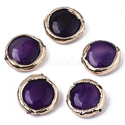 Natural Agate Beads, Light Gold Plated Polymer Clay Edge, Dyed, Flat Round, Indigo, 17~19x17~18x5~7mm, Hole: 1.2mm