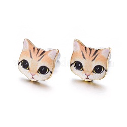 Boucles d'oreilles chaton en alliage plaqué or véritable 14k, avec épingle en acier inoxydable émaillé et environnement, imprimé, motif de chat, navajo blanc, 10~10.5x10.5~11mm, pin: 0.7 mm