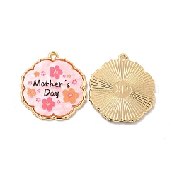 Rack Plating Acrylic Pendants, with Golden Tone Alloy Findings, Cadmium Free & Nickel Free & Lead Free, Mother's Day, Flower Charm with Word, Misty Rose, 30x27x2.5mm, Hole: 2mm