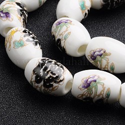 Fiori fatti a mano stampata in porcellana European Beads, grandi perle barile buco, nero, 20x15mm, Foro: 5 mm