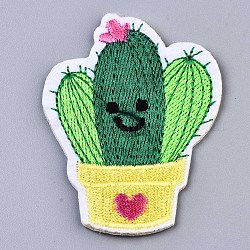 Appliques de cactus, tissu de broderie informatisé fer/coudre sur les patchs, accessoires de costumes, verte, 64x48x1.5mm