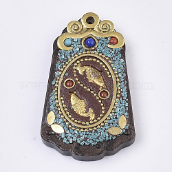 Buddha Theme Handmade Indonesia Big Pendants, with Alloy Findings, Sandalwood and Resin, Antique Golden, Trapezoid with Fish, Dark Turquoise, 55~56x33~34x7.5mm, Hole: 1.6~2mm