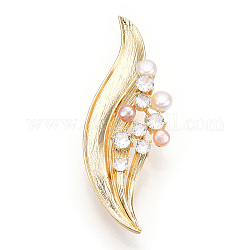 Broches en perles naturelles et feuilles de verre pour femmes, épingles en laiton, véritable 14k plaqué or, 24x64.5x18mm