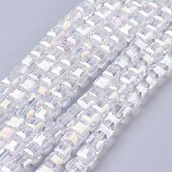 Chapelets de perles en verre électroplaqué, de couleur plaquée ab , facette, cube, clair ab, 4x4x4mm, Trou: 1mm