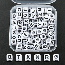 Cuentas de letras de acrílico de agujero horizontal, cubo con letras mixtas al azar, blanco, 6x6x6mm, 100 unidades / caja