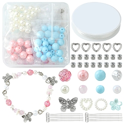 DIY Stretch Bracelet Making Kit, Including Flower & Imitation Pearl & Cube Acrylic & Plastic Beads, Heart Plastic Linking Rings, Butterfly Alloy Charms, Mixed Color, 198Pcs/set