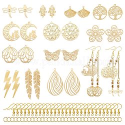 Kits de fabrication de boucles d'oreilles en filigrane bricolage, y compris feuille & papillon & foudre 201 pendentifs & maillons en acier inoxydable, Crochets de boucles d'oreilles en fer, véritable 18k plaqué or, 74 pcs / boîte
