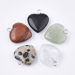 Pendentifs en pierres précieuses mixtes naturels et synthétiques, avec des épingles en fer, cœur, platine, 17~18x15x5~6mm, Trou: 1.8mm