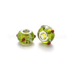 Handgemachte glasperlen murano glas großlochperlen, holperig, großes Loch Rondell Perlen, mit Platin-Ton Messing Doppeladern, Rondell, gelb-grün, 14~15x9~10 mm, Bohrung: 5 mm