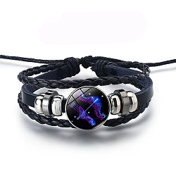 Bracelets de perles en alliage tressées, bracelet multirangs en cuir, bracelet constellation en verre, Sagittaire, 7-7/8 pouce (20 cm)