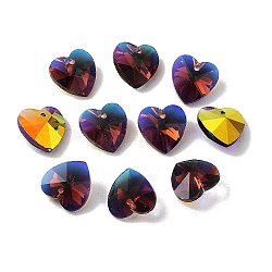 Glas Charms galvanisieren, ab Farbe plattiert, facettierte Herz, Kokosnuss braun, 14x14x7 mm, Bohrung: 1.6 mm