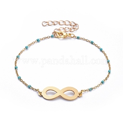 Infinity 201 Stainless Steel Link Bracelets, with 304 Stainless Steel Enamel Link Chains and Lobster Claw Clasps, Golden, Medium Turquoise, 7-3/4 inch(19.8cm)