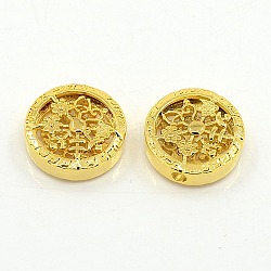 Vacuum Plating Brass Finding Beads, Flat Round with Flower, Golden, 21x7mm, Hole: 3mm