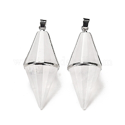 Natural Quartz Crystal Pointed Pendants, Rock Crystal Pendants, Faceted Bicone Bullet Charms with Rack Plating Platinum Plated Brass Findings, Cadmium Free & Lead Free, 42.5~43x17~18mm, Hole: 4x5.5mm