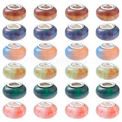 24 Stück europäische Unterlegscheibe-Harzperlen in 6 Farben, Großloch perlen, nachgemachte Steine, mit silberfarbenen Messingdoppeladern, Mischfarbe, 13.5x8 mm, Bohrung: 5 mm, 4 Stk. je Farbe
