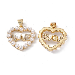 Ottone micro spianare pendenti zirconi, con abs imitazione perla, cuore con fascino parola amore per san valentino, vero placcato oro 18k, 19.5x21x5mm, Foro: 5x3.5 mm