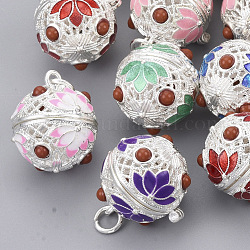 Rack Plating Brass Cage Pendants, For Chime Ball Pendant Necklaces Making, with Enamel and Iron Jump Rings, Hollow Round with Flower, Mixed Color, Silver Color Plated, 22x18x20.5mm, Hole: 4mm, inner measure: 15.5mm
