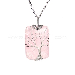 Collana pendente in quarzo rosa naturale con catenelle portacavi in ottone, rettangolo con l'albero, 20.47 pollice (52 cm)