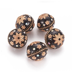 Perles Indonésiennes manuelles, avec des strass et des noyaux en alliage, ronde, or clair, noir, 25mm, Trou: 2mm