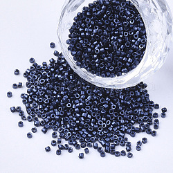 Perline cilindriche di vetro, perline semi, colori metallici, foro rotondo, blu di Prussia, 1.5~2x1~2mm, Foro: 0.8 mm, circa 8000pcs/scatola, su 85~95 g / borsa