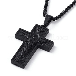 Ожерелье с подвеской из сплава и цепочками-коробочками, Крест с Иисусом рисунком, чёрные, 23.74 дюйм (60.3 см)