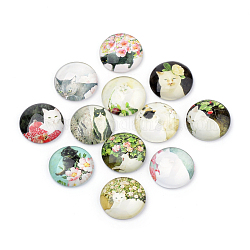 Flat Back Kitten Theme Glass Cabochons for DIY Projects, Cat Pattern, Dome/Half Round, Mixed Color, 12x4mm