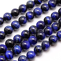 Chapelets de perles d'œil de tigre naturel, teints et chauffée, ronde, bleu moyen, 6mm, Trou: 1mm, Environ 62 pcs/chapelet, 15.75 pouce