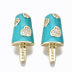 Brass Micro Pave Clear Cubic Zirconia Pendants, with Enamel, Cadmium Free & Nickel Free & Lead Free, Real 16K Gold Plated, Ice Cream with Word Happy, Dark Turquoise, 20x8.5x3.5mm, Hole: 3.5x2mm