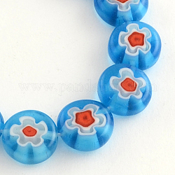Handmade Millefiori Glass Bead Strands, Flat Round, Deep Sky Blue, 10x4mm, Hole: 1.2mm, about 40pcs/strand, 14.9 inch