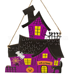 Halloween Theme Wood Hanging Door Signs, Wall Decoration, Decorative Props for Indoor, with Hemp Rope, Castle, 190x170mm