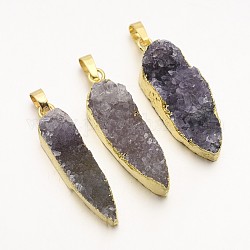 Nuggets Natural Druzy Agate Pendants, with Golden Plated Brass Findings, 38~40x9~13x6~13mm, Hole: 8x5mm