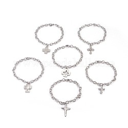 304 Stainless Steel Charm Bracelets, with Cable Chains, Cross, Stainless Steel Color, 7-7/8 inch~8-3/8 inch(20~21.3cm), Pendants: 21.5~32.5x14.5~19x2.5~3mm