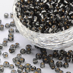 6/0 Perlas de semillas de vidrio, plata forrada agujero redondo, redondo, gris claro, 4mm, agujero: 1.5 mm, aproximamente 1000 unidades / 100 g