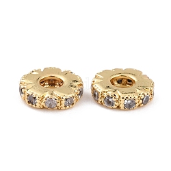 Brass Micro Pave Clear Cubic Zirconia Beads, Long-Lasting Plated, Cadmium Free & Lead Free, Flat Round, Real 18K Gold Plated, 8x2mm, Hole: 2.8mm
