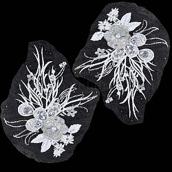 3D Flower Polyester Embroidery Sew on Flower Appliques, with Paillettes & Acrylic Rhinestones, Sewing Craft Decoration for Wedding Dress, Cheongsam, White, 350~400x270~290x6.5mm