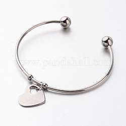 Bracelets de manchette en 304 acier inoxydable, bracelets de breloque de coeur, couleur inoxydable, 2-3/8 pouce (6.1 cm)