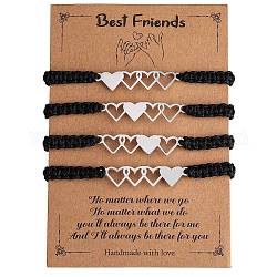 Ensemble de bracelets à maillons en forme de cœur en acier inoxydable 4pcs 4 styles, bracelets réglables en cordon de nylon pour la famille des meilleurs amis, noir, diamètre intérieur: 2-1/8~4 pouce (5.4~10 cm), 1pc / style