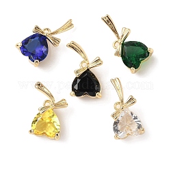 Ottone con pendenti in vetro k9, oro chiaro, cuore con charms bowknot, colore misto, 15x7.5x5.5mm, Foro: 0.9 mm