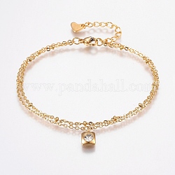304 Stainless Steel Cable Chain Bracelets, Multi-strand Bracelets, with Rhinestone, Lobster Claw Clasps, Square, Golden, Crystal, 7-1/8 inch(180mm), 1.5~2mm