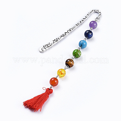 Chakra Jewelry, Alloy Bookmarks, with Natural/Synthetic Gemstone Beads, Cotton Thread Tassels, Red, 146x14.5mm