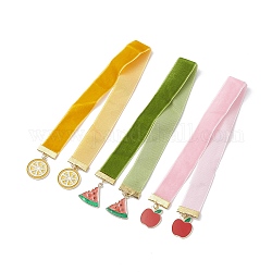 Fruit Alloy Enamel Pendant Bookmarks, Velvet Ribbon Bookmark, Lemon/Watermelon/Apple, Mixed Color, 349~355x19mm, 3pcs/set