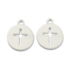 Plating Alloy Pendant, Flat Round with Cross, Matte Silver Color, 17.5x14.5x1mm, Hole: 1.6mm